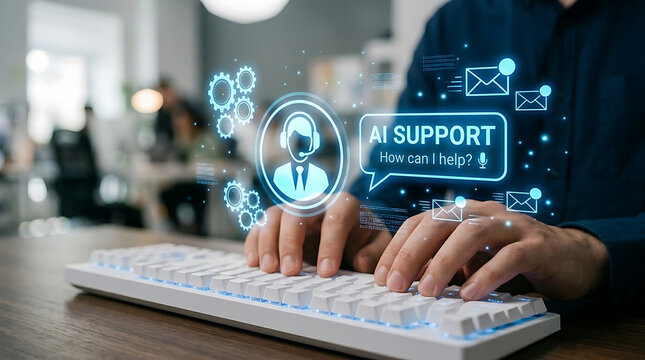 Hands interacting with an advanced AI customer support interface on a glowing keyboard, symbolizing digital assistance and future technology in business operations