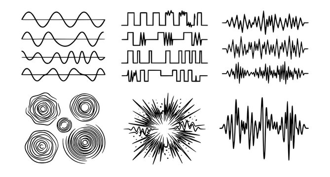 Collection of sound wave and signal graphics for audio visual elements