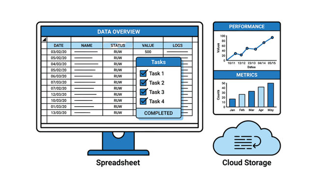 Detailed vector illustration of a digital spreadsheet interface featuring task lists and performance data charts