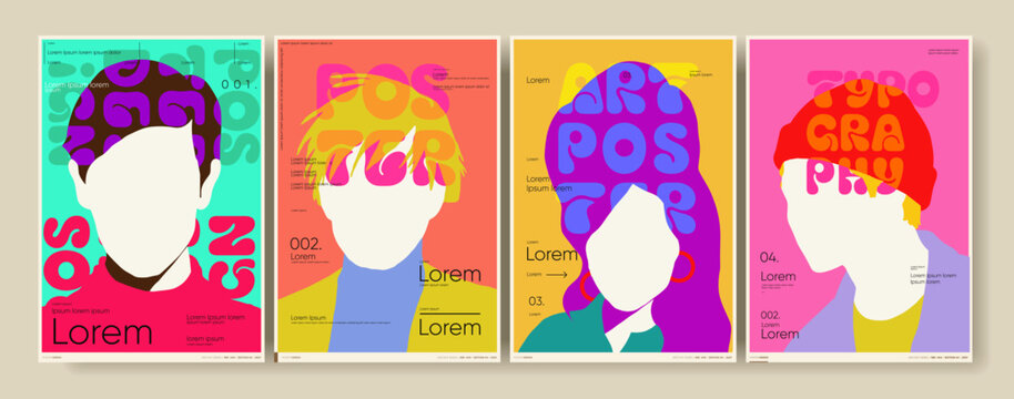 Colorful and abstract poster designs featuring faceless silhouettes with bold typography. Each poster uses vibrant colors and creative text placement to create a modern aesthetic.