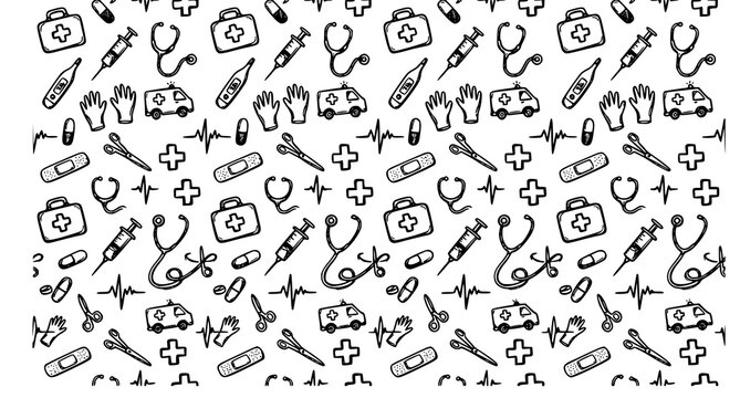 Medical doodle pattern black and white healthcare icons for health and wellness designs