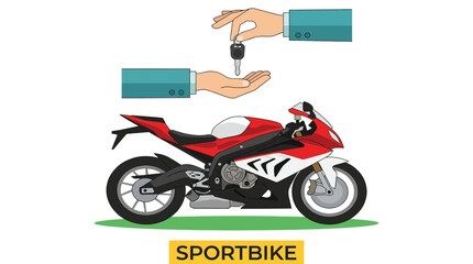 Obraz premium A flat vector illustration showing human hands handing over a key for a red sportbike
