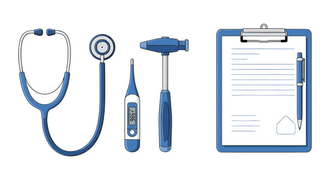 Medical diagnostic tools set with stethoscope thermometer and clipboard