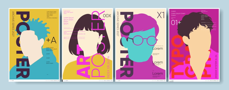 Colorful abstract poster series featuring minimalist portraits with bold typography. Each design uses vibrant colors and geometric shapes to create a modern aesthetic.