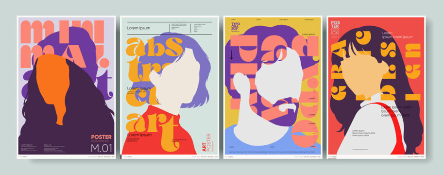 Colorful abstract posters featuring minimalist portraits with bold typography and vibrant backgrounds. Each design emphasizes modern art and creative expression.