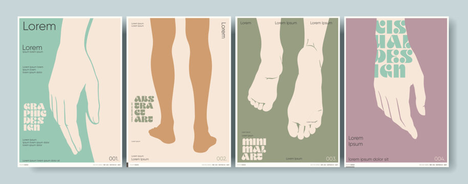 Minimalist posters featuring abstract human forms in pastel colors. Each design highlights different body parts with a focus on simplicity and modern aesthetics.