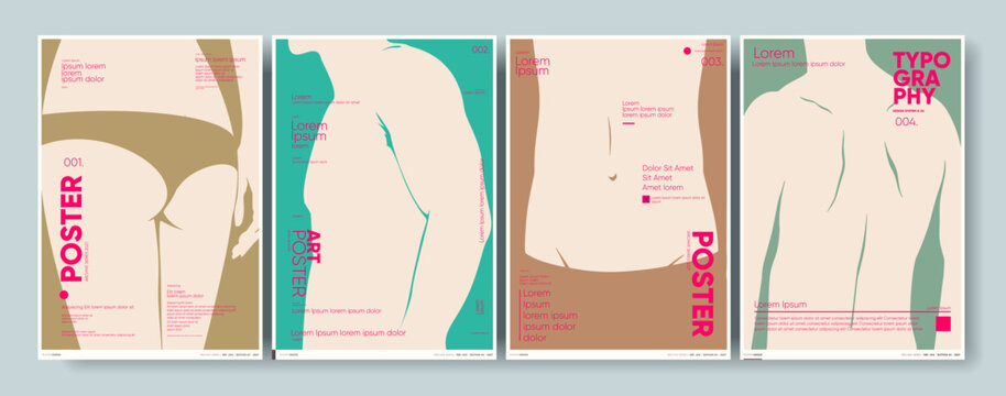 Minimalist poster designs featuring abstract human forms with bold typography and vibrant colors. Each poster showcases a unique composition, perfect for modern art enthusiasts.