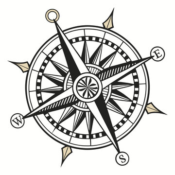 Black and Beige Intricate Compass Rose Pointing Cardinal Directions on Plain White Background