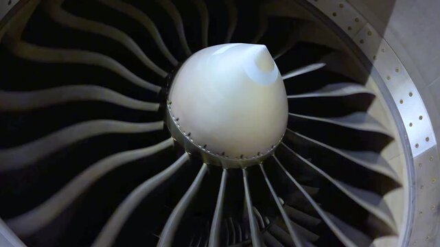 Detailed engineering view of aircraft jet engine compressor fan rotation high resolution stock footage commercial aviation power system mechanism background 4k