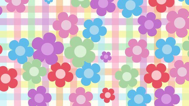 Pastel Gingham Background with Animated Hippy groovy daisy flowers Loop Backdrop. pastel color vintage style, animation decorative elements. 60s, 70s, icon flower, pastel colors, playful Plaid Pattern