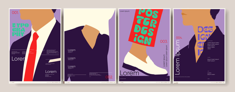 Modern abstract poster series featuring minimalist silhouettes and bold typography. Each design showcases a unique color palette and creative layout, perfect for artistic inspiration.
