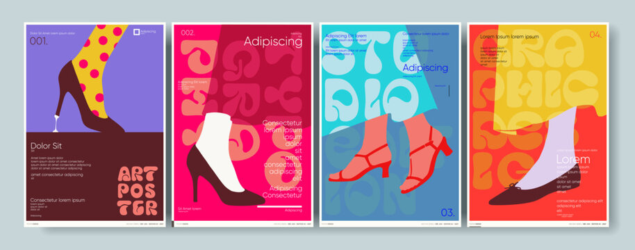 Colorful and modern poster designs featuring abstract illustrations of shoes and legs. Each poster showcases a unique combination of vibrant colors and bold typography.
