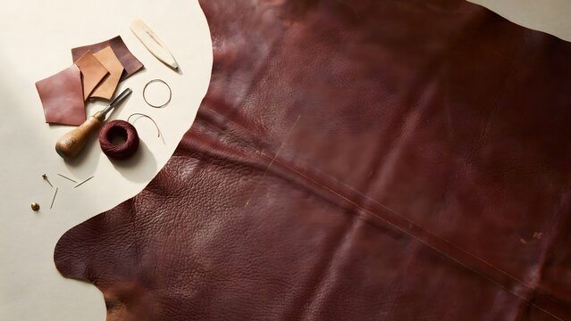 Flat lay leather workbench with blank space &ndash; Perfect for artisanal craft branding, leather goods marketing, or workshop mockup text.