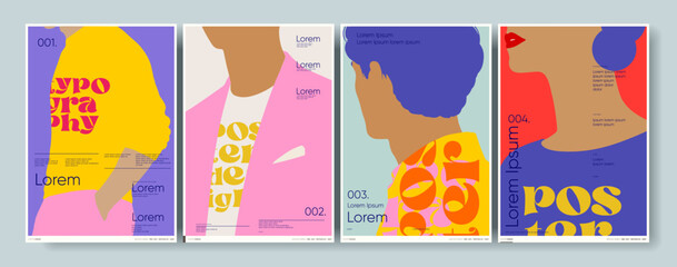 Colorful abstract poster designs featuring bold typography and vibrant silhouettes. Each piece showcases unique color combinations and modern graphic elements, perfect for creative projects. © Molibdenis-Studio