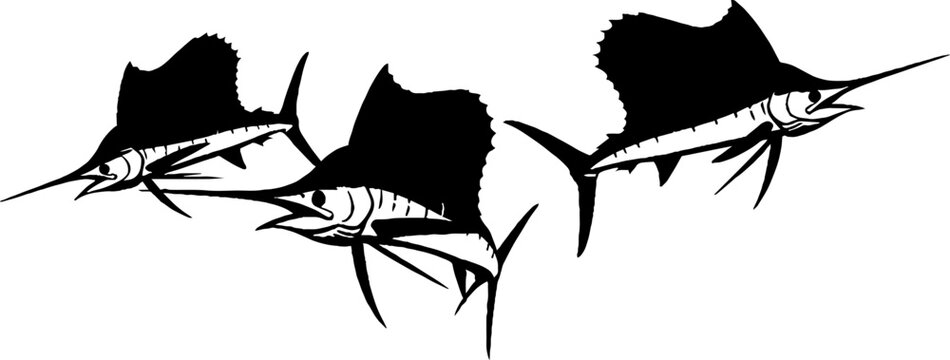 Three black sailfish silhouette illustration.