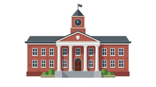 Flat vector illustration of a classic red brick school building with white pillars and clock