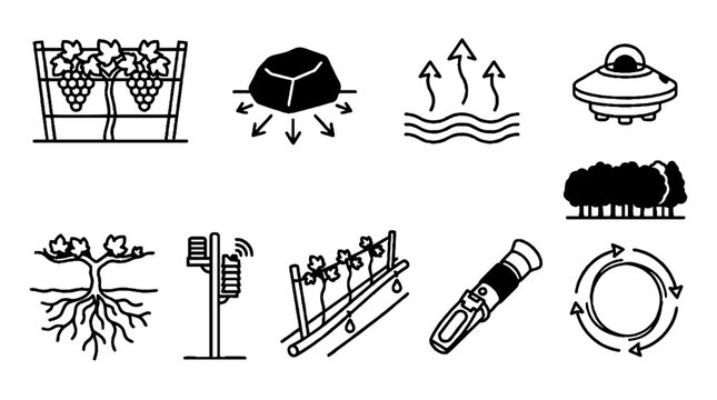 Set of hand drawn agriculture and viticulture icons for smart farming and vineyard management.