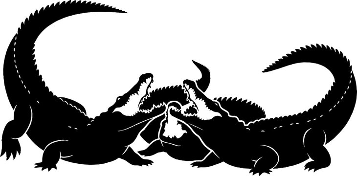 Two crocodiles fighting in fierce battle pose.