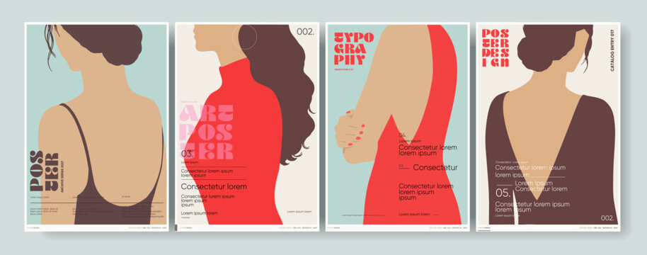 Stylish poster designs featuring minimalist illustrations of women in various poses. The use of bold typography and muted colors creates a modern aesthetic.