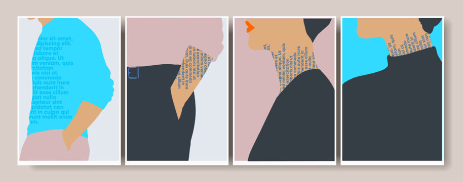 Minimalist illustration featuring four abstract portraits with text elements integrated into the design. Each panel showcases a unique color palette and composition, emphasizing modern art aesthetics.