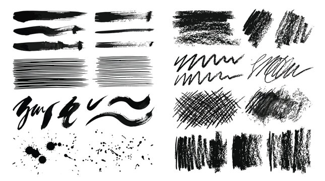 A collection of various black ink brush strokes and artistic textures in a vector illustration