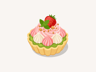Gourmet Strawberry Mini Tart Vector with Meringue Kisses Mint Leaf and Nut Crumbs Topping Cake Illustration © Akasha Design