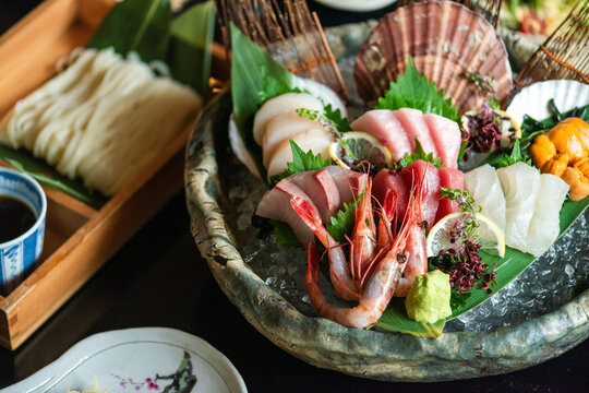 Fresh seafood platter with sashimi