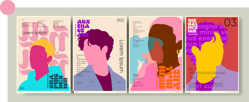 Colorful abstract posters featuring faceless silhouettes and bold typography. Each design showcases a unique combination of vibrant colors and modern graphic elements.