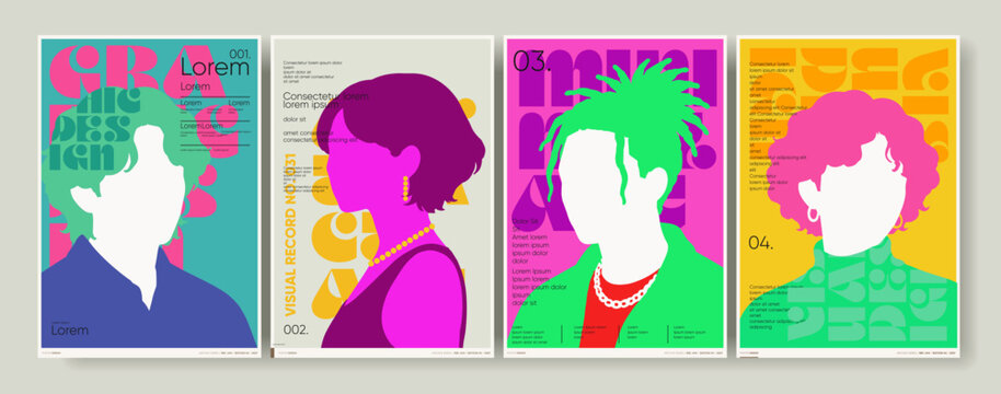 Colorful pop art illustration featuring four abstract portraits with vibrant backgrounds. Each portrait showcases unique hairstyles and bold color contrasts, creating a modern aesthetic.