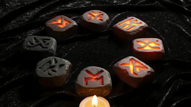 Ancient glowing rune stones in a circle on black velvet with a candle.