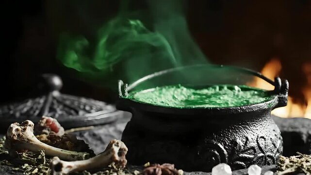 Bubbling green witch potion in black cauldron with smoke and animal bones.