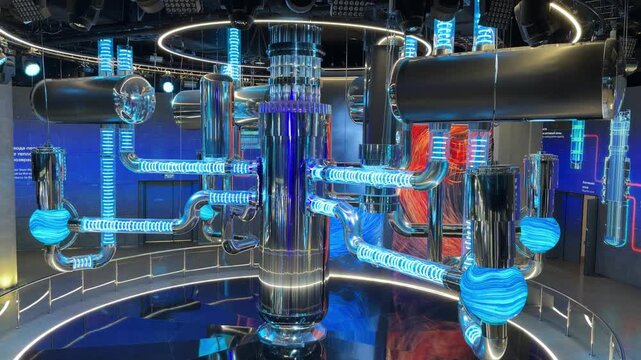 Water-to-water power reactor model features a series of interconnected pipes and glowing elements in a sleek, modern display setting