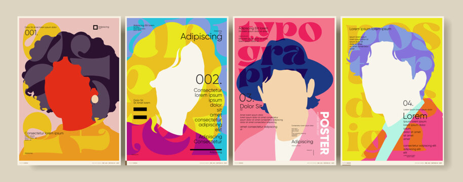 Colorful abstract posters featuring faceless portraits with bold typography and vibrant backgrounds. Each design showcases unique color combinations and artistic flair, perfect for modern decor.