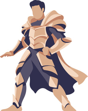 A man in a dynamic pose with cape and blue and gray colors