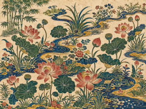 Traditional Vietnamese Lotus Wetland Art Print, Flat Đ&ocirc;ng Hồ Woodblock Painting for Wellness Organic Decor
