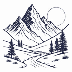 Obraz premium Mountain Landscape with Pine Trees Winding Path and Sun in Blue Line Art on White Background
