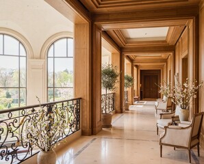 Fototapeta premium Classic quiet guest hallway with long perspective for hospitality branding