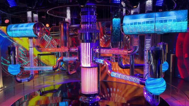 Vibrant water-to-water power reactor setup featuring illuminated pipes and screens in a modern, high-tech environment with dynamic visual effects