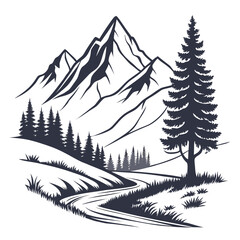 Fototapeta premium Sharp Mountain Peaks and Coniferous Pine Trees with Winding River in Black Ink on White