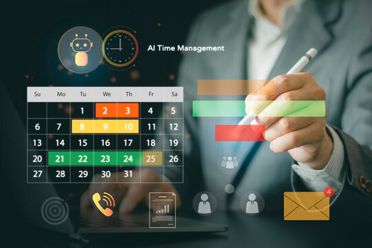 Businessman organizing schedule using AI time management and smart scheduling interface on laptop. Digital productivity, calendar automation, and corporate task planning concept.