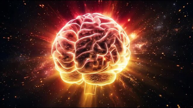 Fiery human brain exploding with light and particles.
