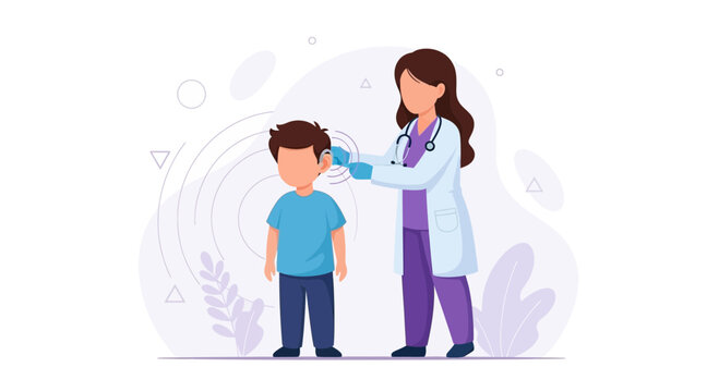 Doctor checking child's hearing with advanced technology, modern illustration style