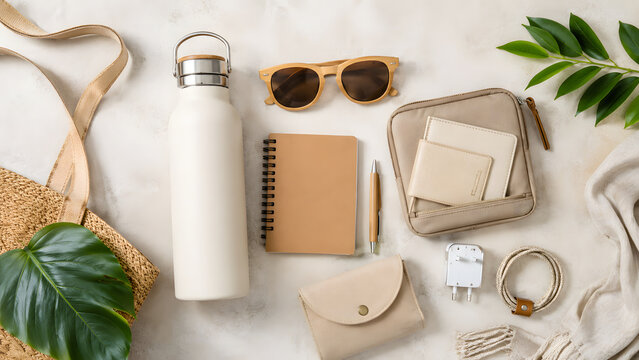 Flat lay composition of travel essentials including water bottle and personal accessories with essentials sunglasses notebook bracelet lifestyle vacation accessories minimalist prepared