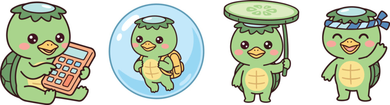 Cute kawaii kappa cartoon character collection with calculator, swimming, umbrella and Japanese folklore creature sticker illustrations