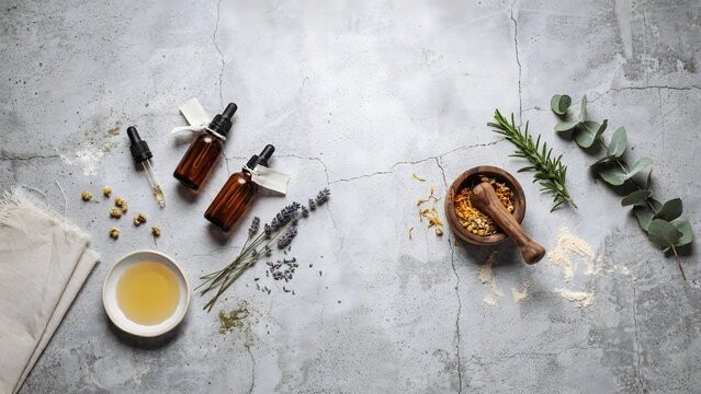 Minimalist botanical workspace flat lay - Ideal for holistic health content, eco-friendly promotions, or skincare lifestyle visuals.