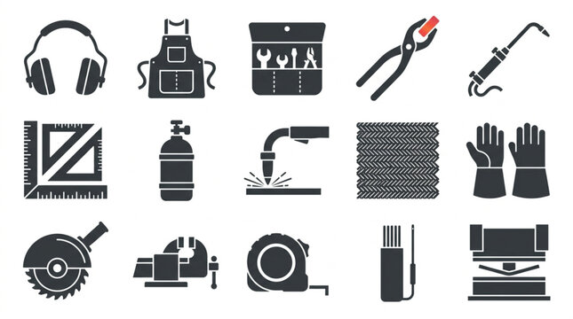 Flat metal fabrication icon collection with solid welding tools and workshop hardware glyph silhouettes