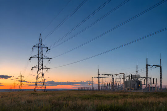 Power Grid Infrastructure Across Prairie At Dusk
