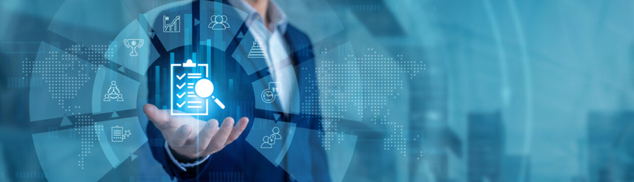 Quality inspector reviewing metrics holding a hand scanner. Assessment evaluation flow on global network business analytics dashboards. Corporate strategies measuring exact performance goals.
