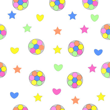 Seamless Kids Pattern with Colorful Stars, heart and Geometric Balls on Light Background