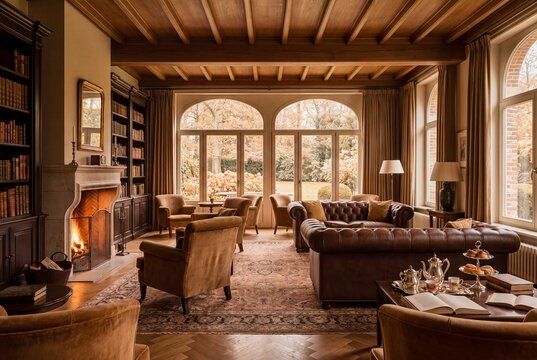 Premium quiet reading room with warm firelight in winter light for luxury accommodation promotion